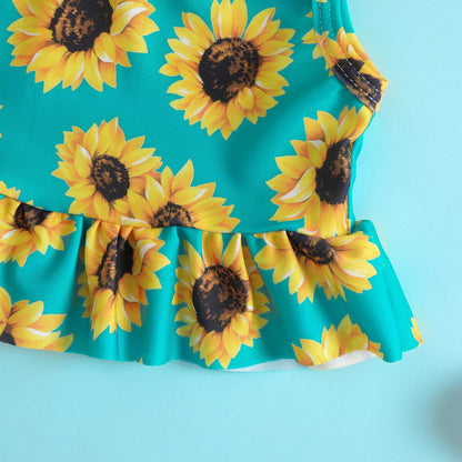 Girls Sunflower Print Ruffled Swimsuit Two-Piece Set