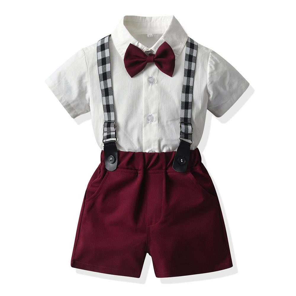 Baby Boys Short Sleeve Bow Shirt Bib Shorts Two Piece Suit