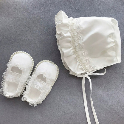 Baby Princess Hat Toddler Lace Pearl Soft-soled Shoes Set