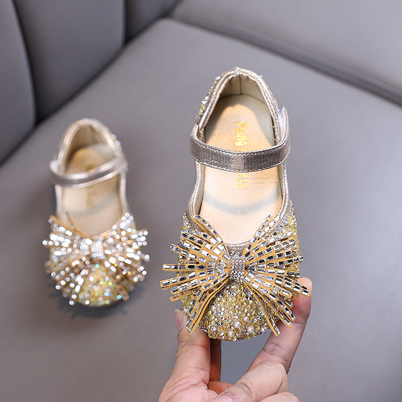 Girls' Princess Rhinestone Bow Mesh Leather Shoes