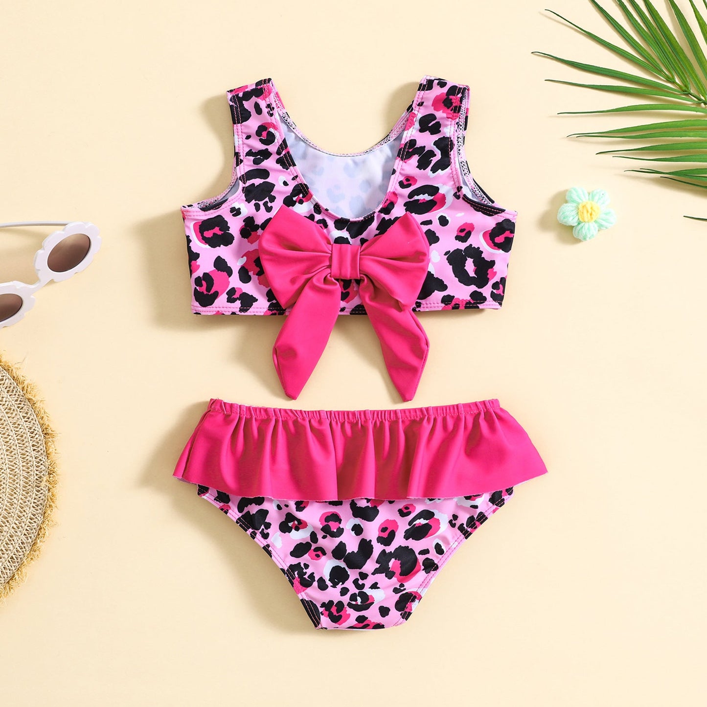 Children's Leopard Print Swimsuit Girls' Bow Swimsuit Two-piece Set