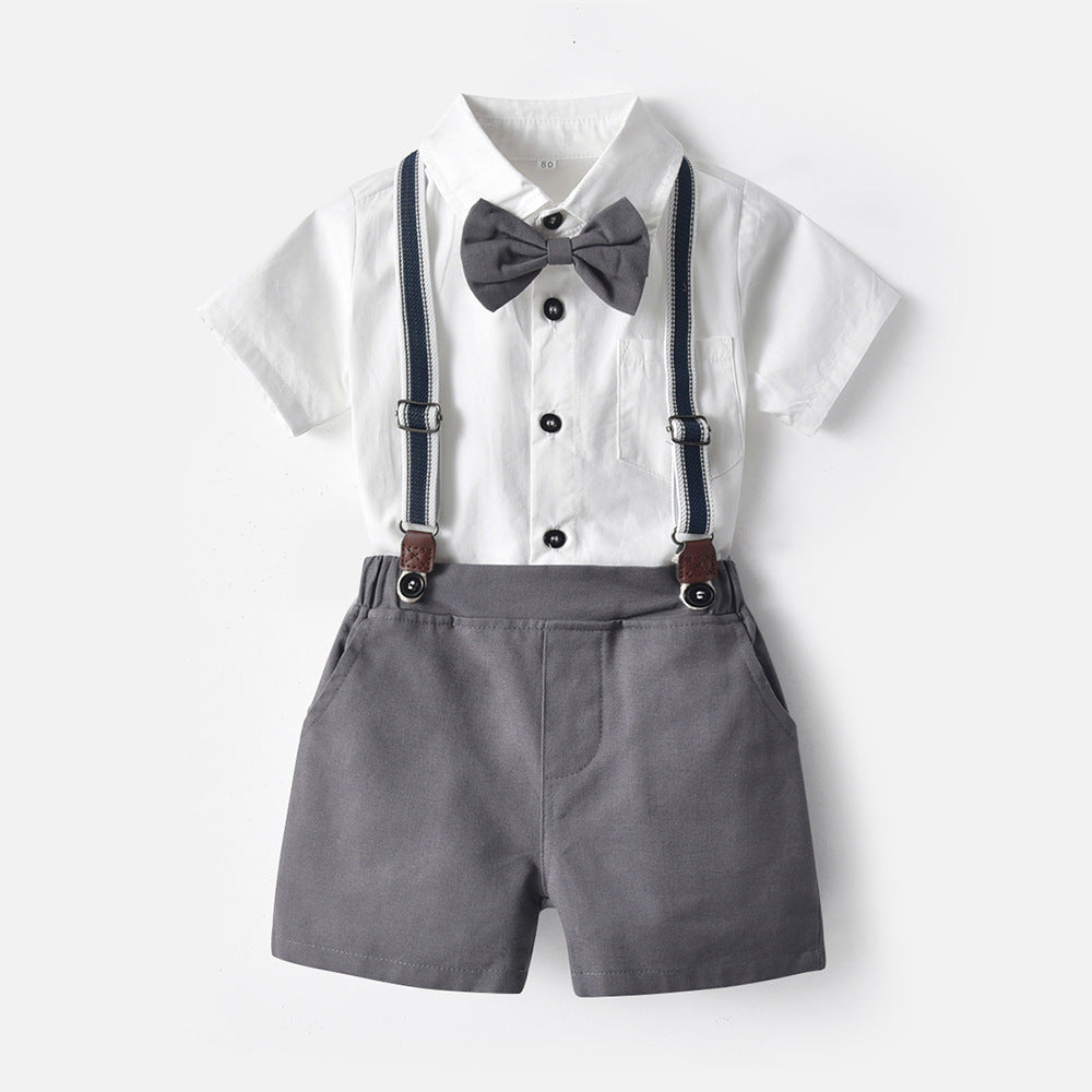 Baby Boys Short Sleeve Bow Shirt Bib Shorts Two Piece Suit