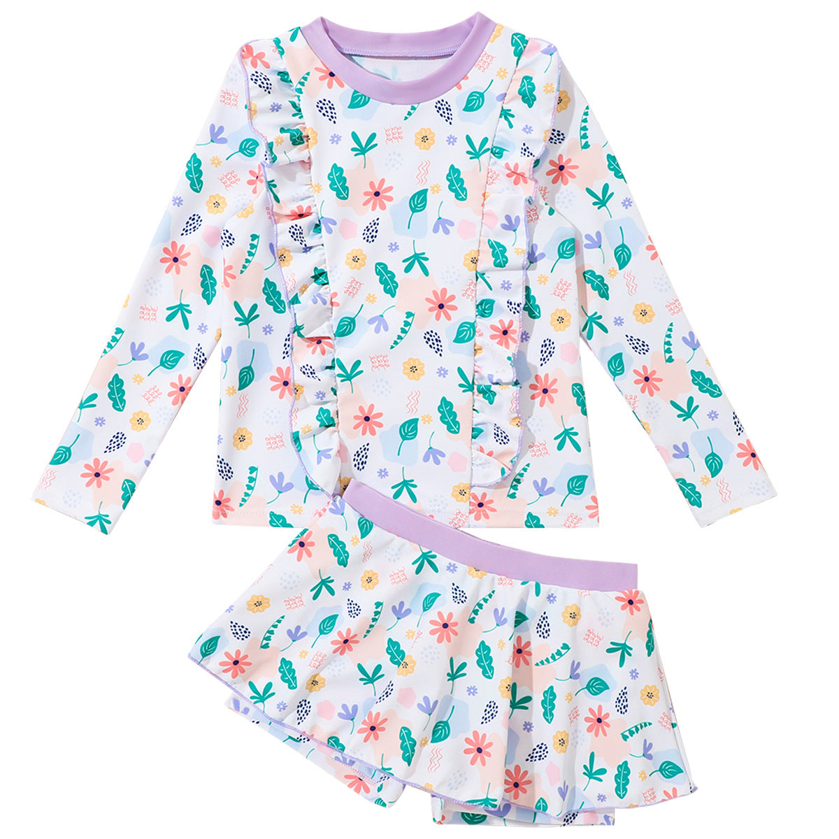 Summer Long Sleeve Baby Girl Sun Protection Swimsuit Two Piece Set