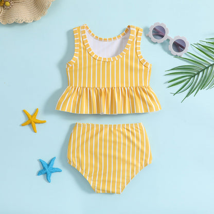 Girls Striped Print Swimsuit Two-Piece Set