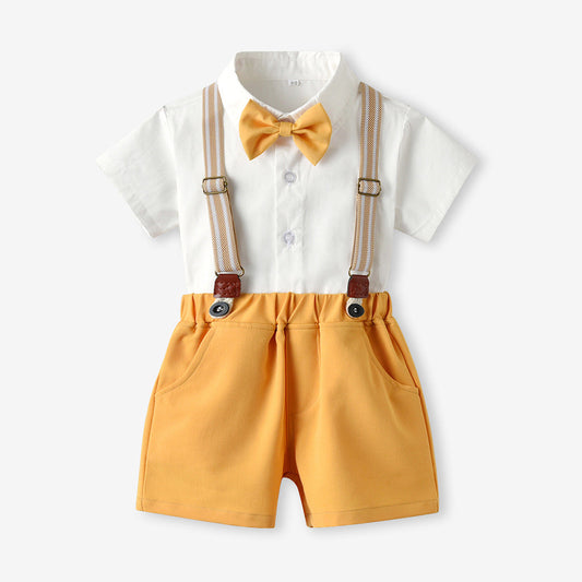 Baby Boys Short Sleeve Bow Shirt Bib Shorts Two Piece Suit
