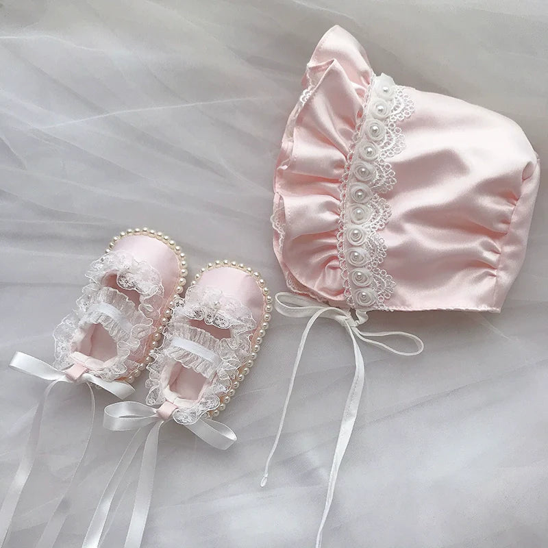 Baby Princess Hat Toddler Lace Pearl Soft-soled Shoes Set