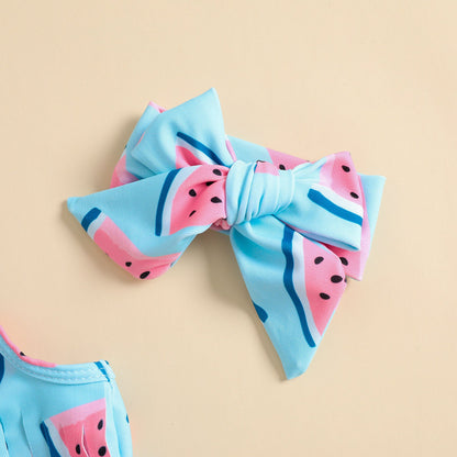 Children's Watermelon Print Swimsuit Girls Suspender Shorts Bowknot Three-piece Set