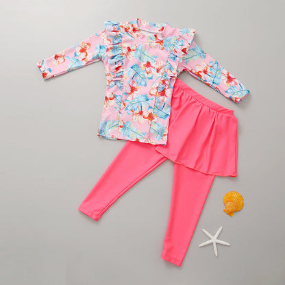 Girls' Long-Sleeved Swimsuit and Swim Trunk Two-Piece Set