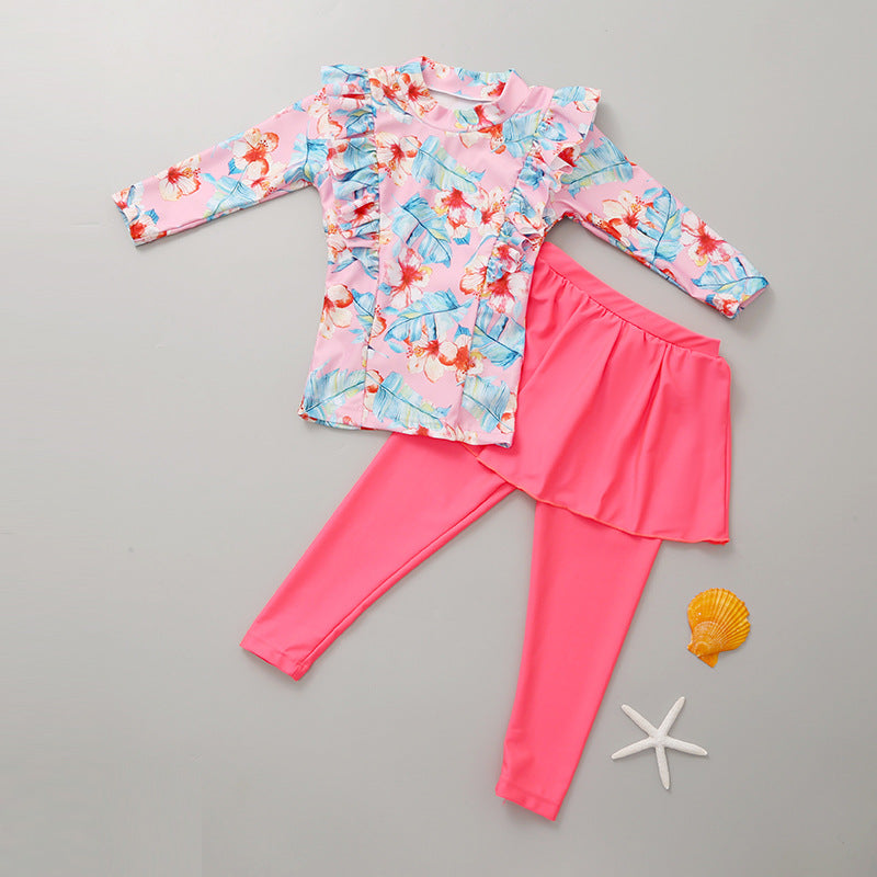Girls' Long-Sleeved Swimsuit and Swim Trunk Two-Piece Set