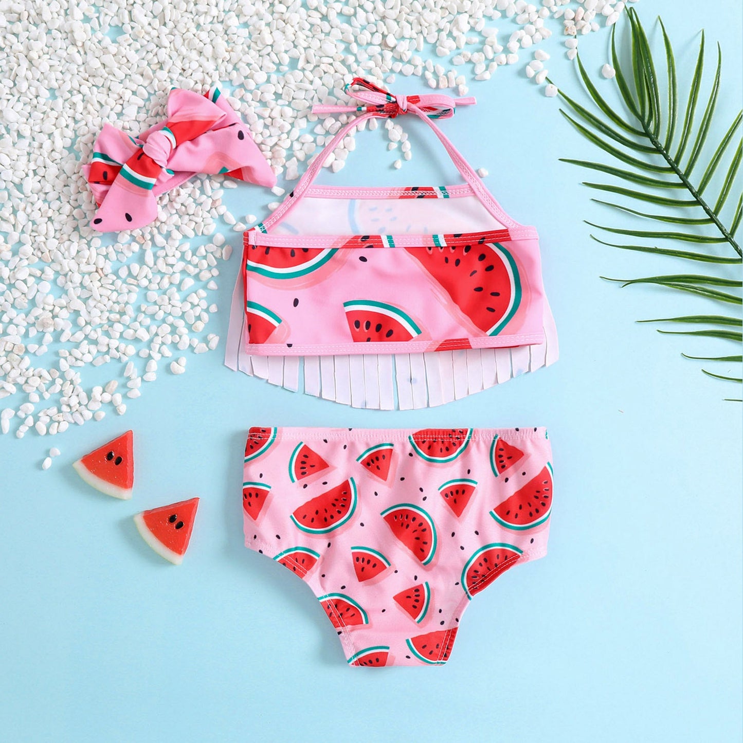 Baby Girls Swimsuit Set Cute Watermelon Bikini 3-piece Bowknot Swimsuit