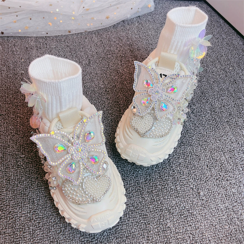 Luxury Girls Bow Beads Sneakers Casual Children Princess Shoes