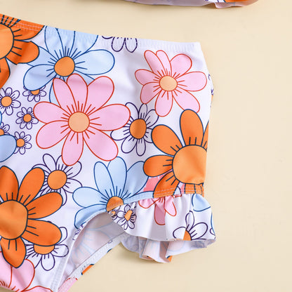 Girls Cute Flower Print Swimsuit Two-Piece Set