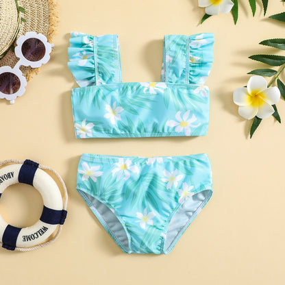 Girls Floral High Elastic Sunscreen Swimsuit
