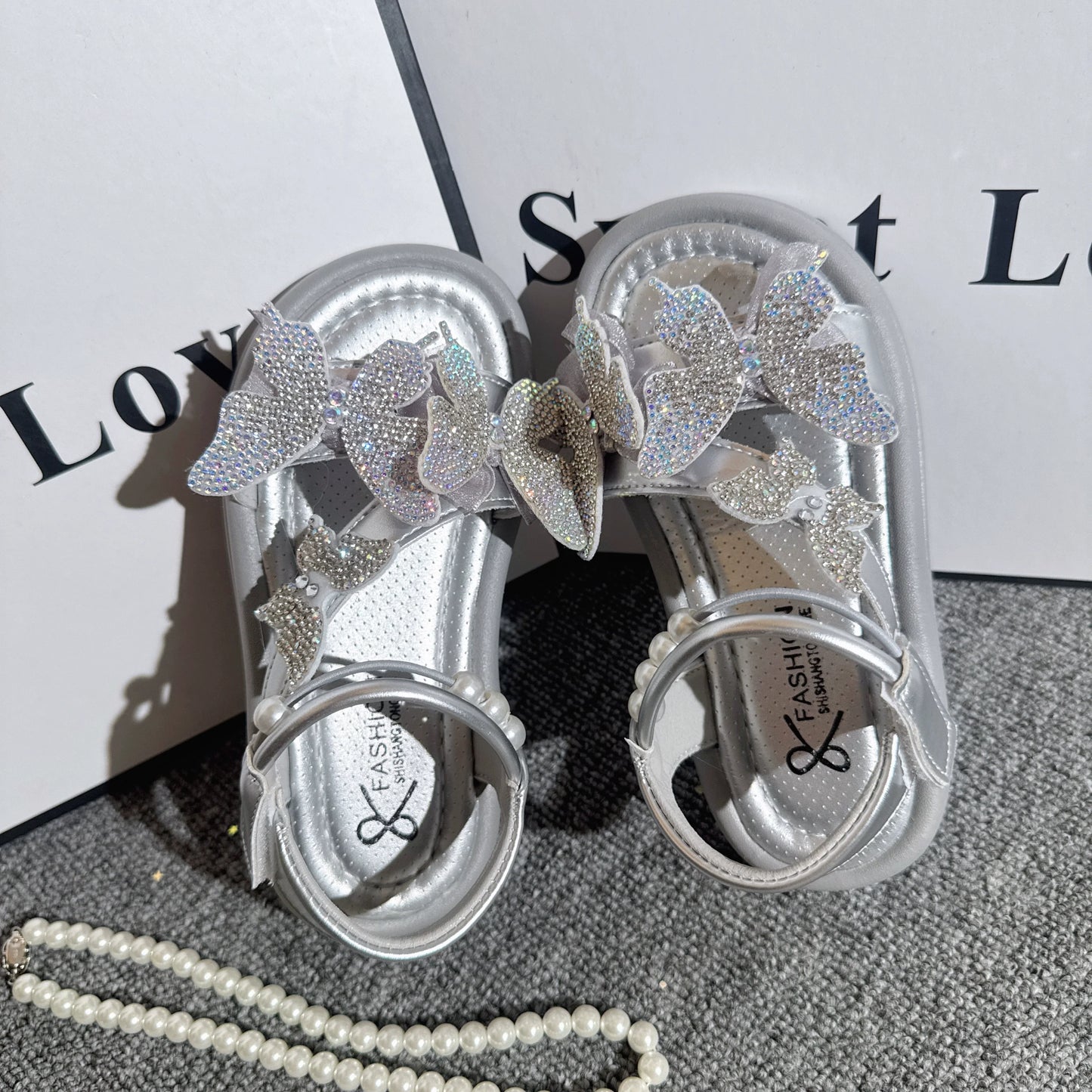 Girls Butterfly Sequins Sandals Summer Pearl Bow Princess Shoes