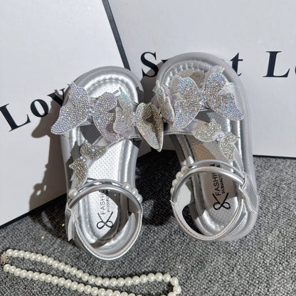 Girls Butterfly Sequins Sandals Summer Pearl Bow Princess Shoes
