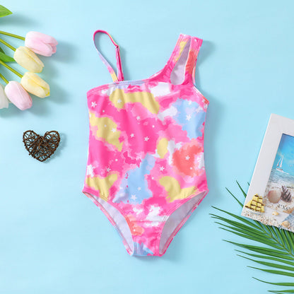 Cute Girls Floral One-shoulder Sling Swimsuit