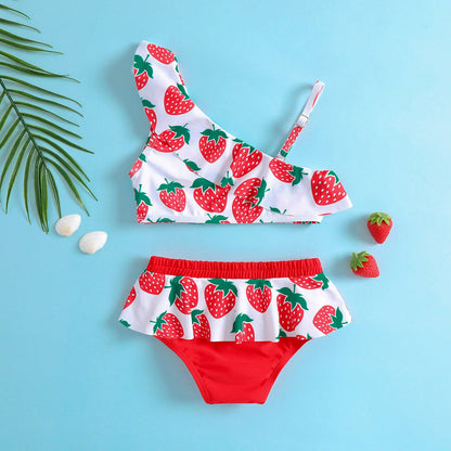 Baby Girls Summer Striped Strawberry Print Swimsuit