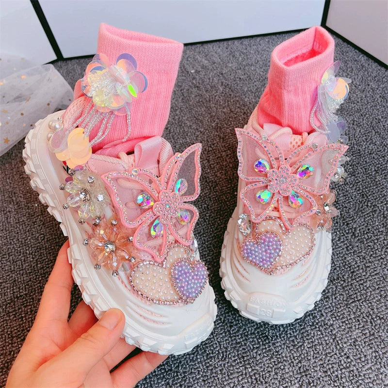 Luxury Girls Bow Beads Sneakers Casual Children Princess Shoes