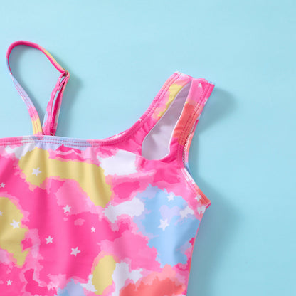 Cute Girls Floral One-shoulder Sling Swimsuit