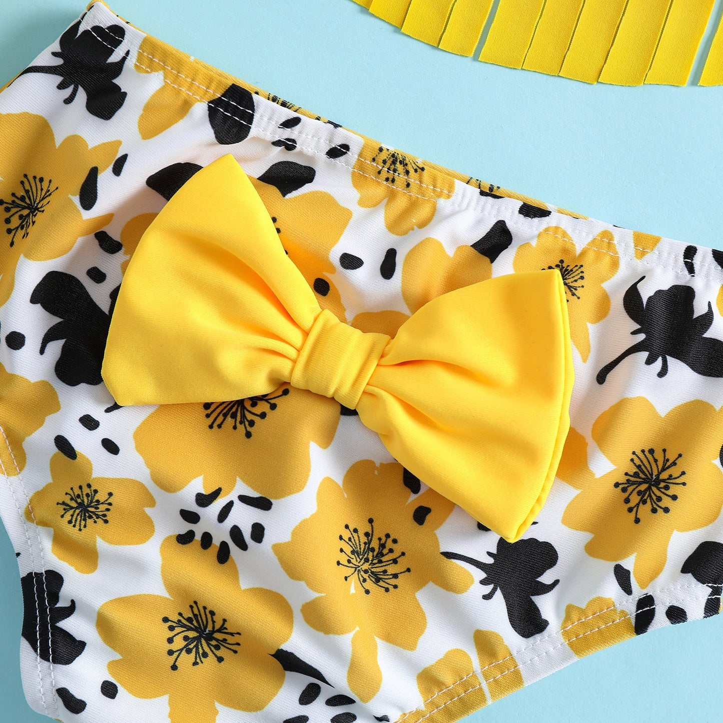 Girls Butterfly Flower Print Tassel Suspender Swimsuit