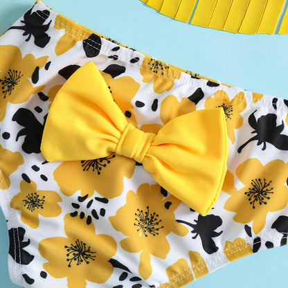 Girls Butterfly Flower Print Tassel Suspender Swimsuit