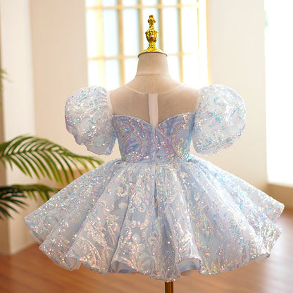 Baby Girl Birthday Party Dress Blue Sequin Bubble Princess Dress