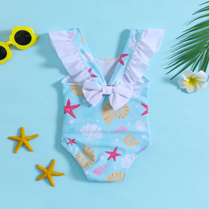 Baby Starfish and Shell Print One-piece Lotus Leaf Bow Swimsuit