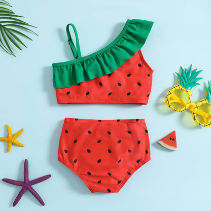Girls One Shoulder Sling Girls Cute Shorts Swimsuit Two-piece Set