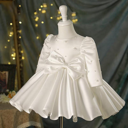 Baby Girl White Beaded Long Sleeve Bow Baptism Dress