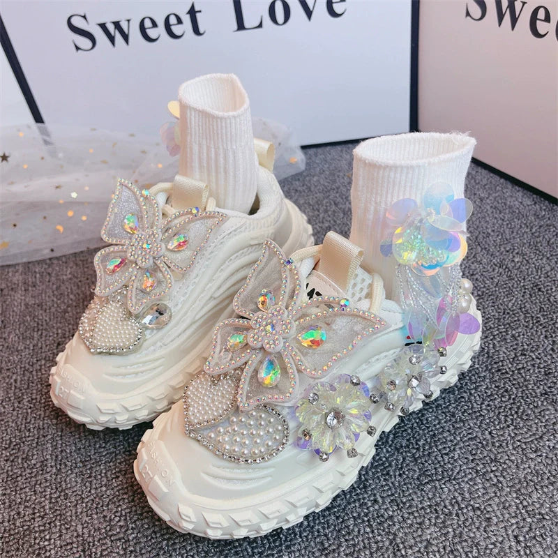Luxury Girls Bow Beads Sneakers Casual Children Princess Shoes