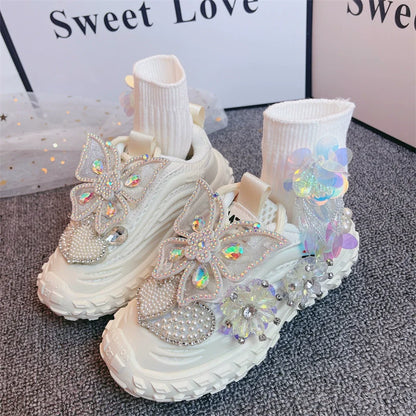 Luxury Girls Bow Beads Sneakers Casual Children Princess Shoes
