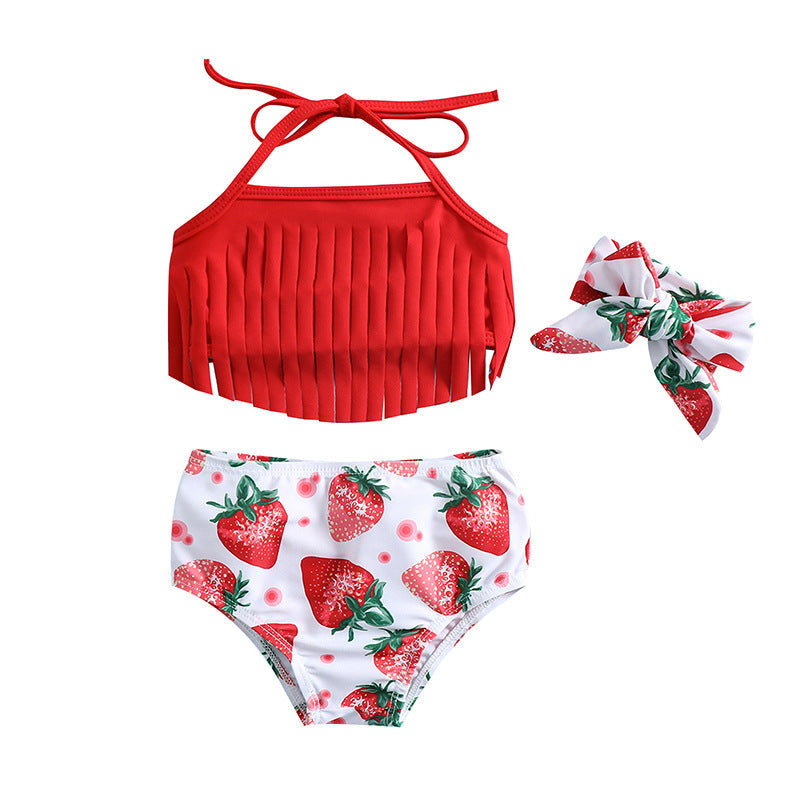 Girls Strawberry Print Swimsuit Baby Girl Red Tassel Sling Three-piece Set