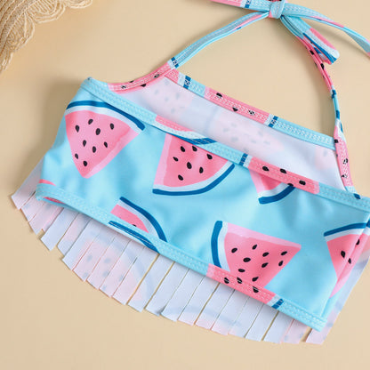 Children's Watermelon Print Swimsuit Girls Suspender Shorts Bowknot Three-piece Set