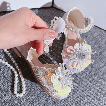 Girls Summer New Crystal Butterfly Pearl Princess Shoes