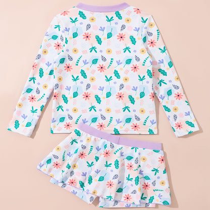 Summer Long Sleeve Baby Girl Sun Protection Swimsuit Two Piece Set