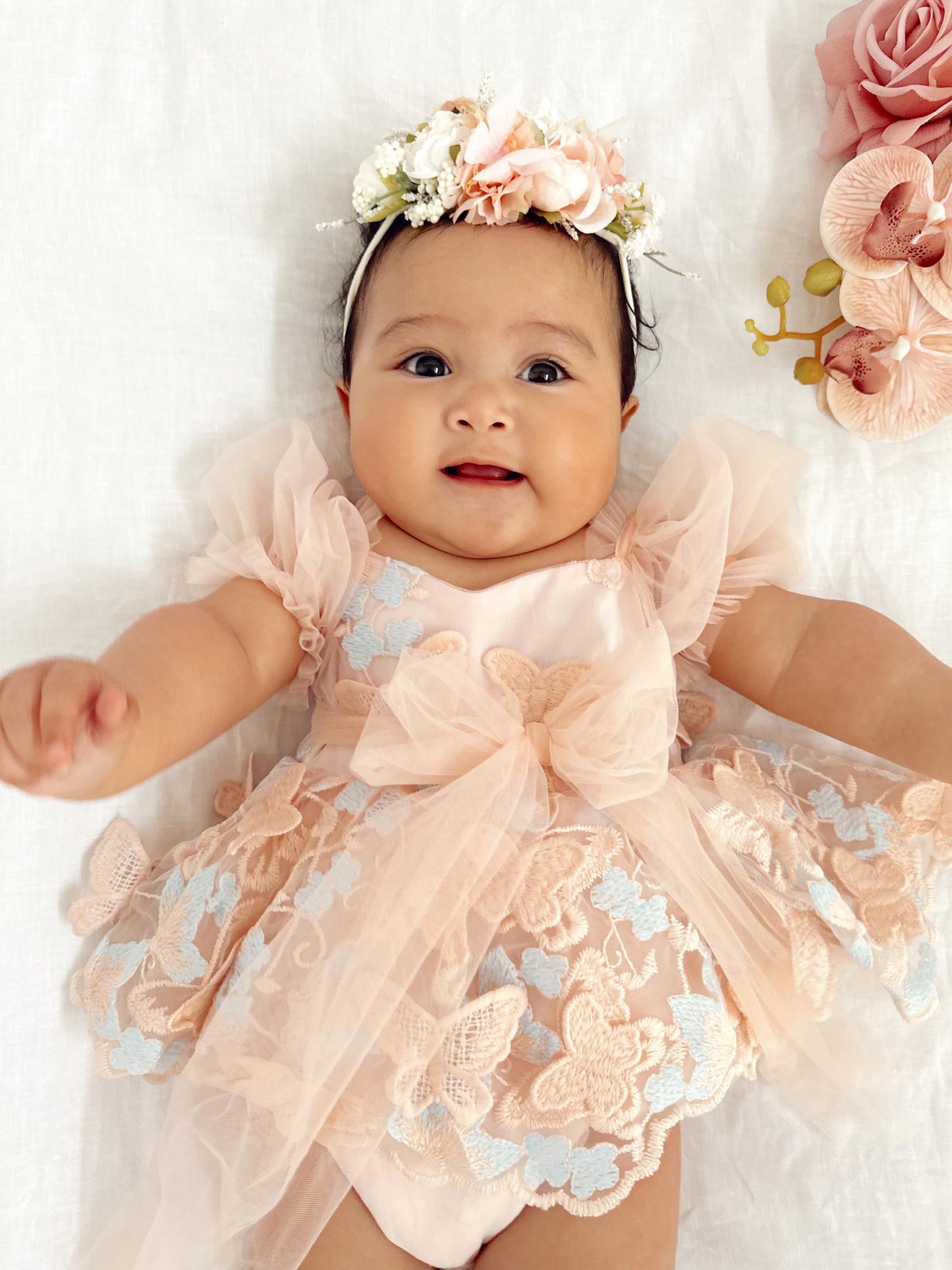 Butterfly Kisses Peach Rose Baby Girl Embroidered Tulle Party Romper