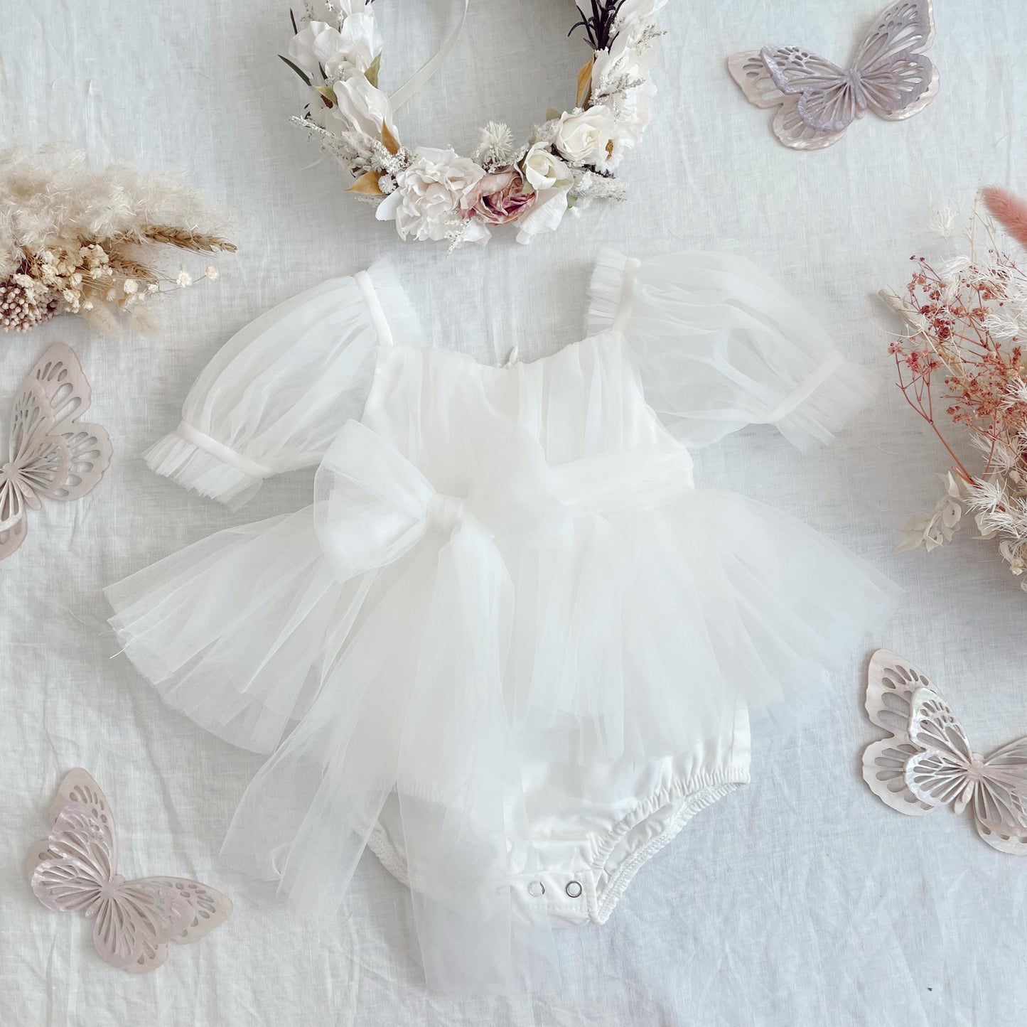 White Flower Fairy Baby Girl Tulle Romper
