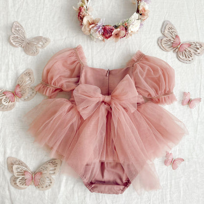 Dusty Rose Flower Fairy Baby Girl Pink Tulle Romper
