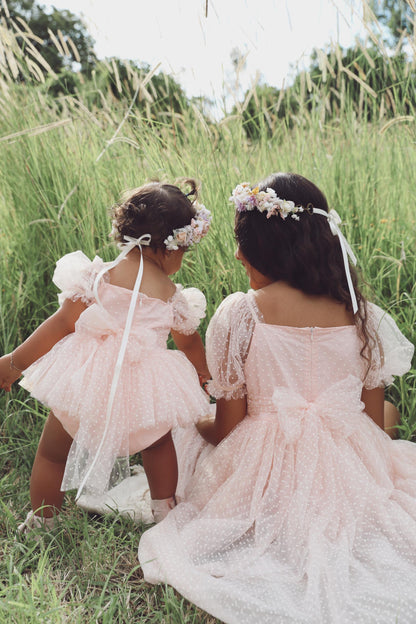 Swiss Dot Pink Rose Flower Fairy Baby Girl Tulle Party Romper