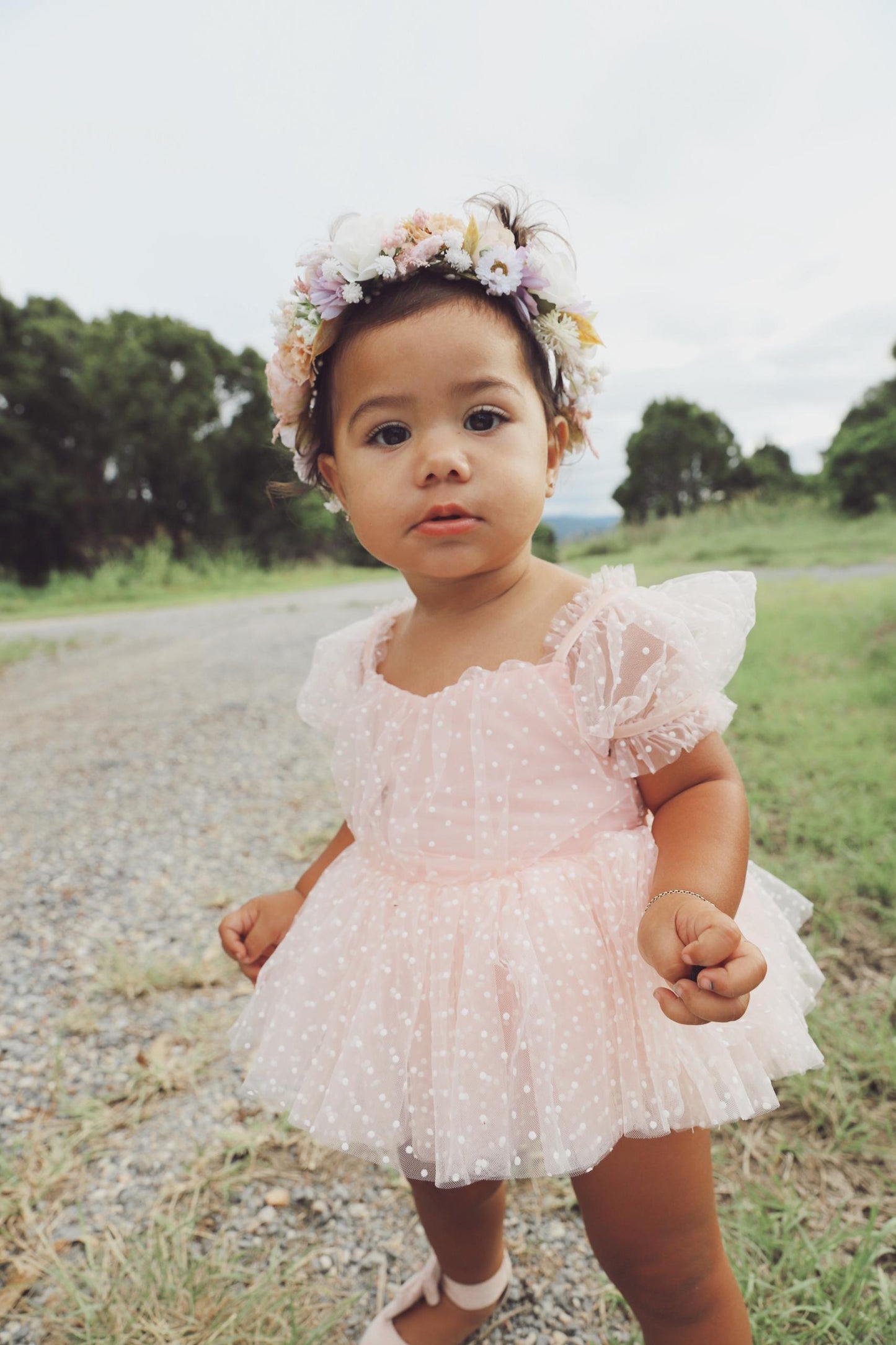 Swiss Dot Pink Rose Flower Fairy Baby Girl Tulle Party Romper