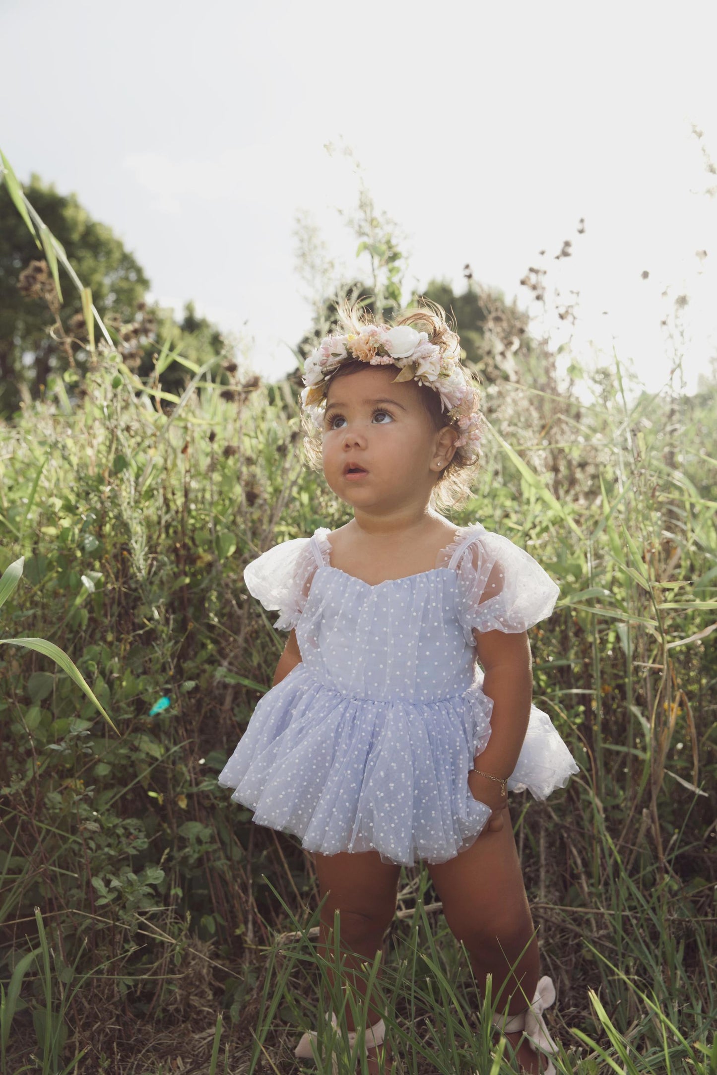 Swiss Dot Periwinkle Flower Fairy Baby Girl Tulle Party Romper