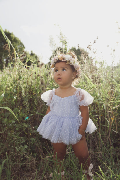 Swiss Dot Periwinkle Flower Fairy Baby Girl Tulle Party Romper