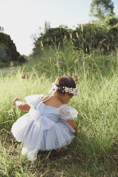 Swiss Dot Periwinkle Flower Fairy Baby Girl Tulle Party Romper