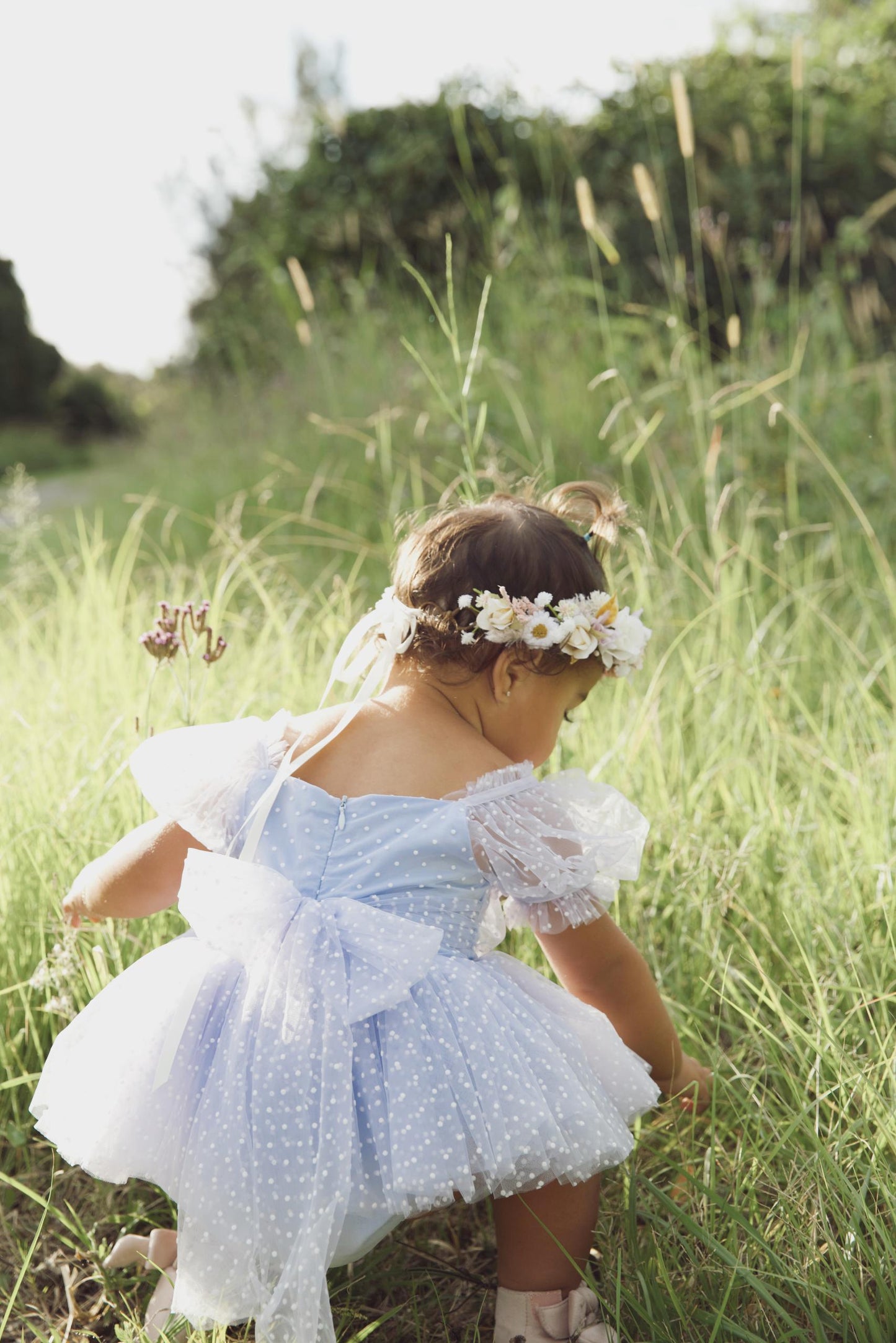 Swiss Dot Periwinkle Flower Fairy Baby Girl Tulle Party Romper