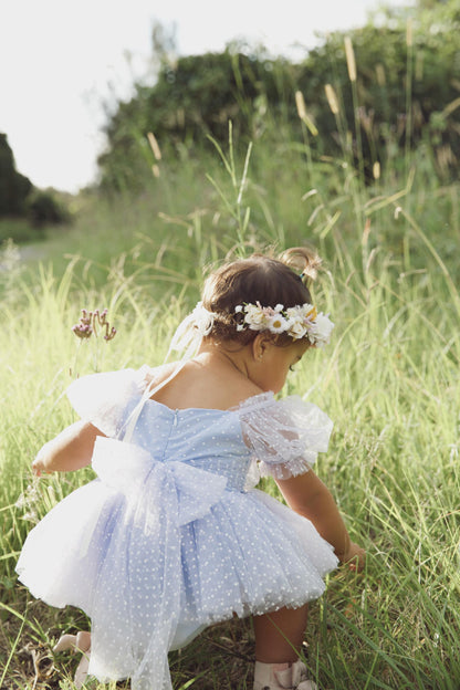 Swiss Dot Periwinkle Flower Fairy Baby Girl Tulle Party Romper