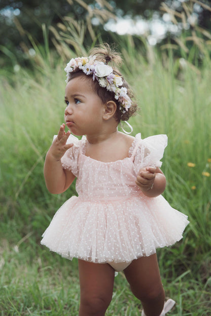 Swiss Dot Pink Rose Flower Fairy Baby Girl Tulle Party Romper