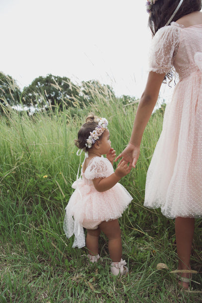 Swiss Dot Pink Rose Flower Fairy Baby Girl Tulle Party Romper