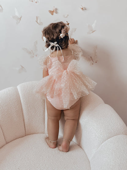 Swiss Dot Pink Rose Flower Fairy Baby Girl Tulle Party Romper