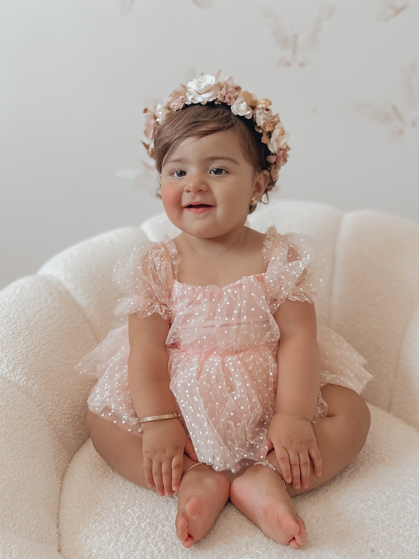 Swiss Dot Pink Rose Flower Fairy Baby Girl Tulle Party Romper
