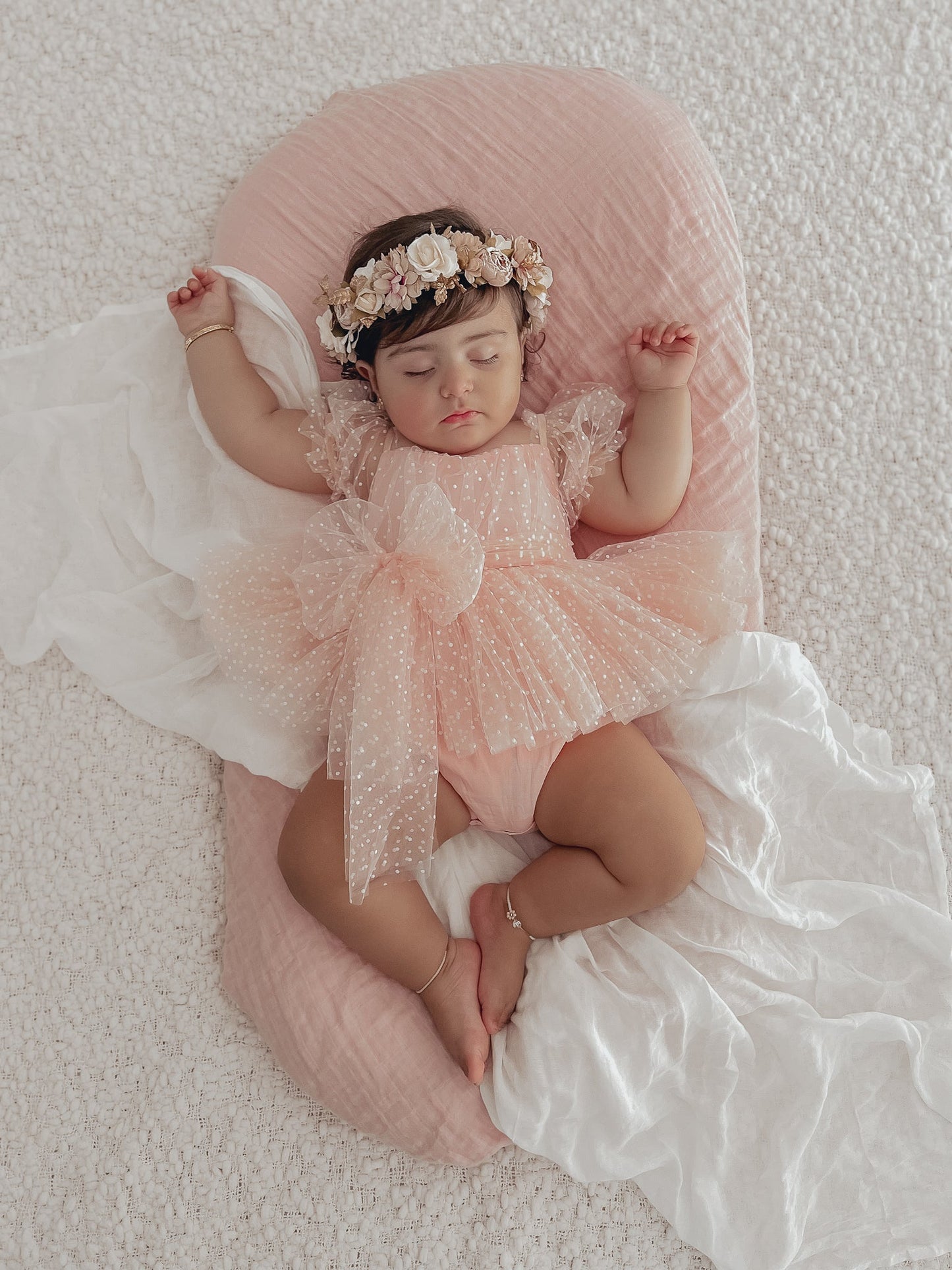 Swiss Dot Pink Rose Flower Fairy Baby Girl Tulle Party Romper